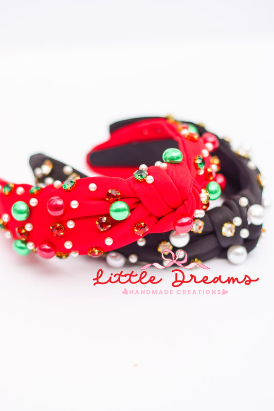 Christmas Rhinestones and Pearls Knotted Headbands
