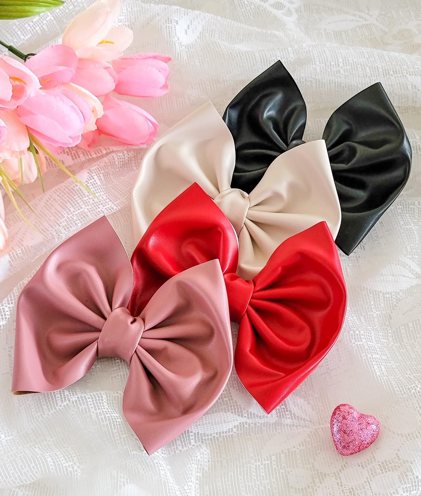 Leatherette Bows - Black, Cream, Mauve, Red